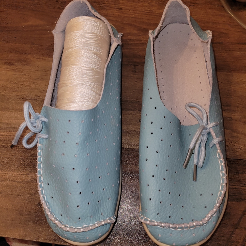 Women's Light Blue Perforated Moccasin Loafers